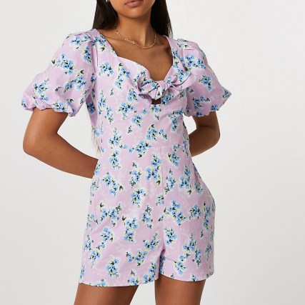 RIVER ISLAND Purple puff sleeve floral tie front playsuit ~ short sleeve bow detail playsuits - flipped