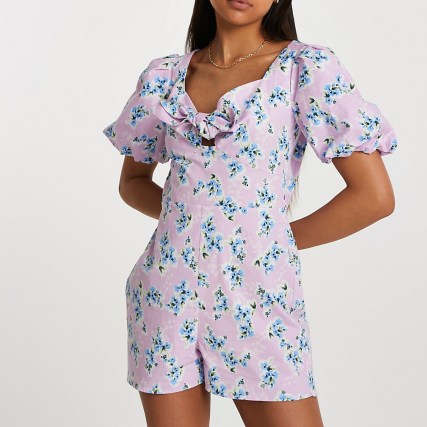 RIVER ISLAND Purple puff sleeve floral tie front playsuit ~ short sleeve bow detail playsuits