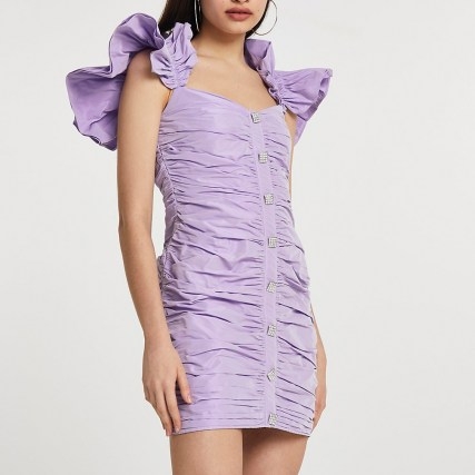 River Island Purple ruffle sleeve ruched mini dress – going out dresses with statement ruffles - flipped