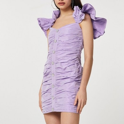 River Island Purple ruffle sleeve ruched mini dress – going out dresses with statement ruffles