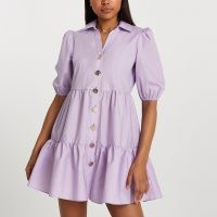RIVER ISLAND Purple short sleeve tiered shirt dress ~ collared button up dresses