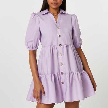 RIVER ISLAND Purple short sleeve tiered shirt dress ~ collared button up dresses - flipped