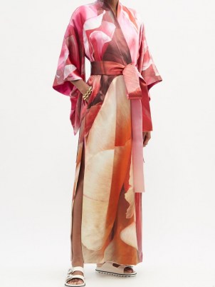 COMMON HOURS Crimson and Claret printed silk reversible robe | kimono style robes - flipped