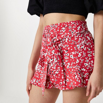 RIVER ISLAND Red floral frill hem belted shorts - flipped
