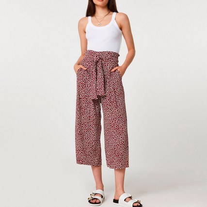 RIVER ISLAND Red spot print belted culottes / polka dot cropped trousers / tie waist culotte pants - flipped