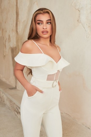 lavish alice ruffle off shoulder sheer corset jumpsuit in white – cold shoulder spaghetti strap jumpsuits