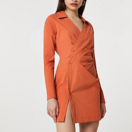 River Island Rust wrap shirt mini long sleeve dress – asymmetric going out dresses - flipped