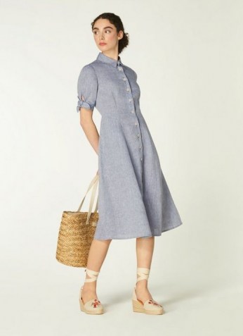 L.K. BENNETT SAFFRON BLUE LINEN SHIRT DRESS ~ short tie-sleeve button through fit and flare dresses