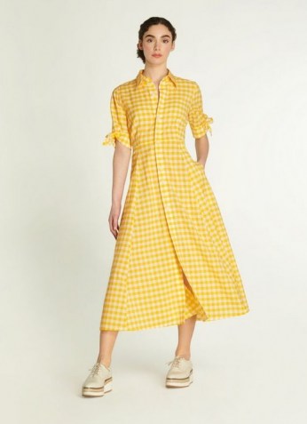 L.K. BENNETT SAFFRON YELLOW GINGHAM COTTON-BLEND SHIRT DRESS / vintage style check print summer dresses - flipped