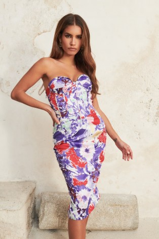 lavish alice satin bandeau corset midi dress in purple floral – strapless bustier style going out dresses - flipped