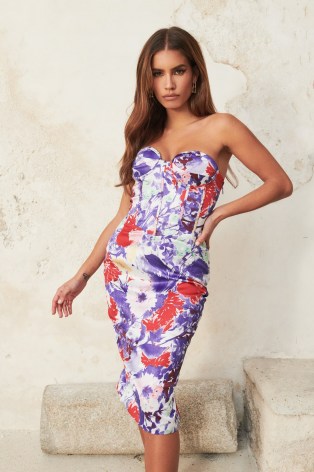 lavish alice satin bandeau corset midi dress in purple floral – strapless bustier style going out dresses