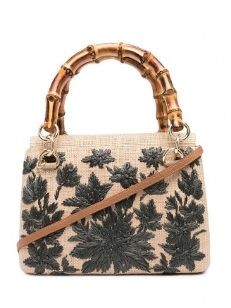 SERPUI floral-embroidered straw tote bag. SMALL TOP HANDLE BAGS. CHIC HANDBAGS - flipped