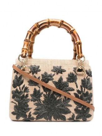 SERPUI floral-embroidered straw tote bag. SMALL TOP HANDLE BAGS. CHIC HANDBAGS