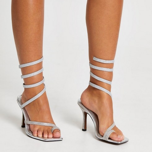 River Island Silver colour diamante ankle wrap heels – glittering going out barely there sandals - flipped