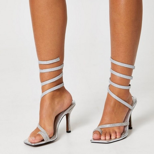 River Island Silver colour diamante ankle wrap heels – glittering going out barely there sandals