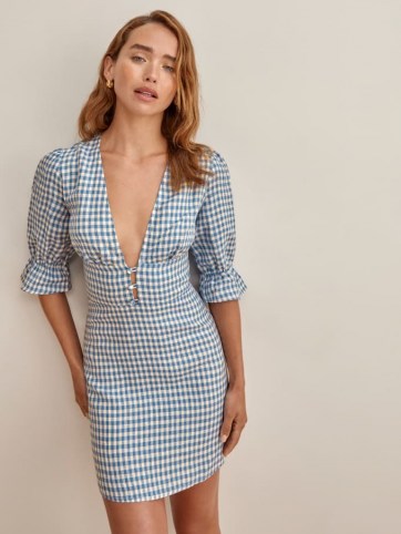 REFORMATION Simi Linen Dress in Azure Check - flipped