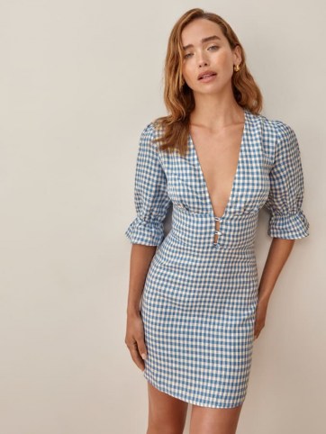 REFORMATION Simi Linen Dress in Azure Check
