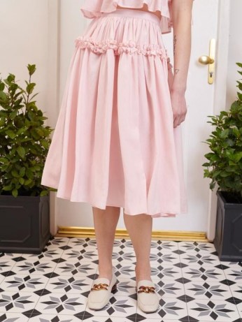 SISTER JANE FIFTY-THREE ROSE LANE Simply Ruffled Midi Skirt Cotton Candy ~ pink ruffle trim skirts - flipped