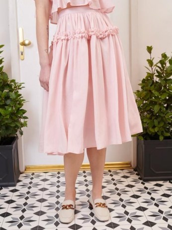 SISTER JANE FIFTY-THREE ROSE LANE Simply Ruffled Midi Skirt Cotton Candy ~ pink ruffle trim skirts