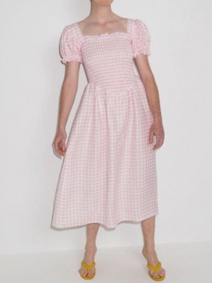 Sleeper Belle pink and white gingham-check midi dress | classic puff sleeve summer dresses - flipped