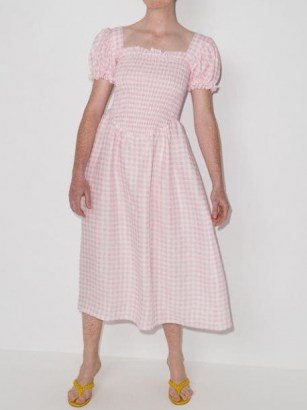 Sleeper Belle pink and white gingham-check midi dress | classic puff sleeve summer dresses