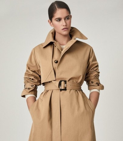REISS SOPHIE COTTON BLEND LONGLINE TRENCH COAT CAMELSOPHIE ~ light brown modern classic coats - flipped