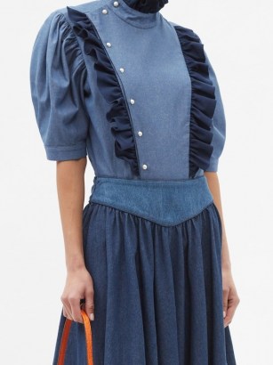 BATSHEVA Sophie double-breasted denim blouse – prairie style puff sleeve blouses with high ruffled neck - flipped