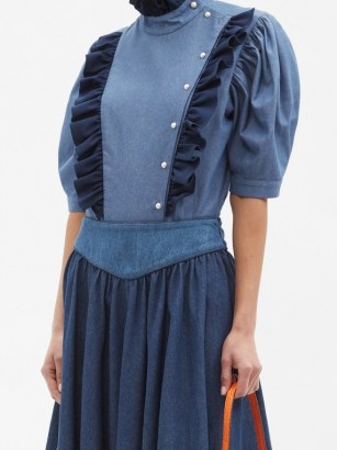 BATSHEVA Sophie double-breasted denim blouse – prairie style puff sleeve blouses with high ruffled neck