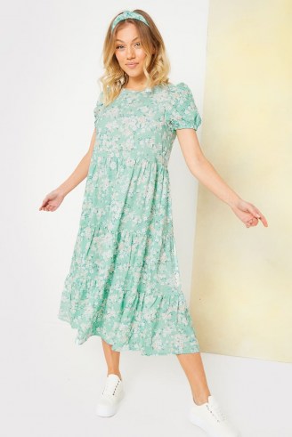 STACEY SOLOMON SAGE DITSY FLORAL SMOCK TIERED MIDI DRESS ~ celebrity inspired fashion - flipped