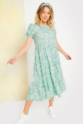 STACEY SOLOMON SAGE DITSY FLORAL SMOCK TIERED MIDI DRESS ~ celebrity inspired fashion
