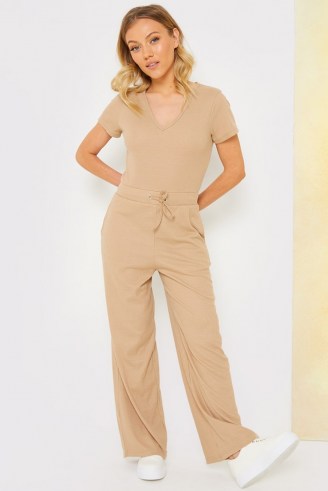 STACEY SOLOMON TAN V NECK RIBBED JUMPSUIT ~ casual light brown celebrity inspired jumpsuits - flipped