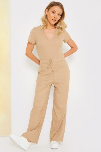 STACEY SOLOMON TAN V NECK RIBBED JUMPSUIT ~ casual light brown celebrity inspired jumpsuits
