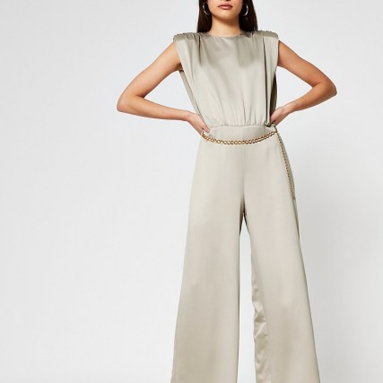 River Island Stone shoulder pad chain belted jumpsuit – glamorous luxe style jumpsuits for the evening - flipped