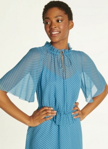 L.K. BENNETT TATE BLUE POLKA DOT CRINKLE SILK DRESS / feminine semi sheer dresses / cape style short sleeves - flipped