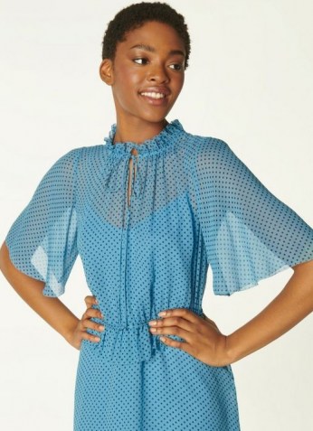 L.K. BENNETT TATE BLUE POLKA DOT CRINKLE SILK DRESS / feminine semi sheer dresses / cape style short sleeves