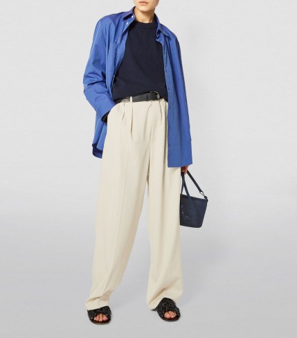 Kendall Jenner neutral wide leg pants, THE ROW Phoebe Trousers in Fog, out in New York, 27 April 2021 | celebrity street style | models off duty fashion - flipped