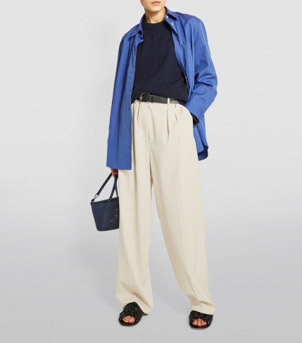 Kendall Jenner neutral wide leg pants, THE ROW Phoebe Trousers in Fog, out in New York, 27 April 2021 | celebrity street style | models off duty fashion