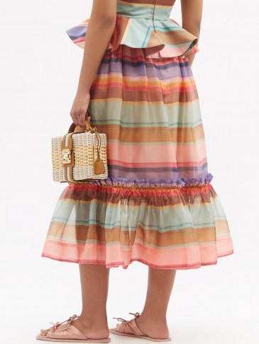 ZIMMERMANN Tiered-hem striped silk-organza midi skirt | feminine ruffle trim summer skirts - flipped