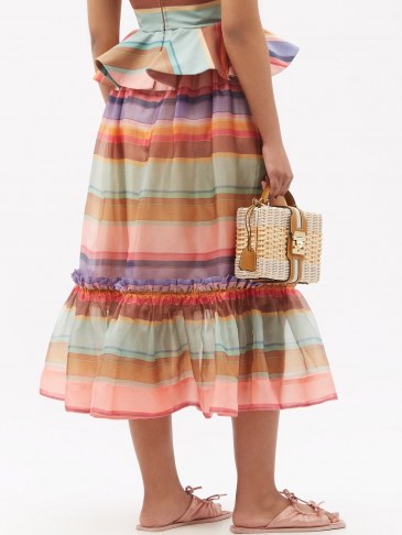 ZIMMERMANN Tiered-hem striped silk-organza midi skirt | feminine ruffle trim summer skirts