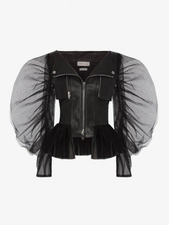 Alexander McQueen Tulle Biker Jacket ~ sheer sleeve leather jackets - flipped