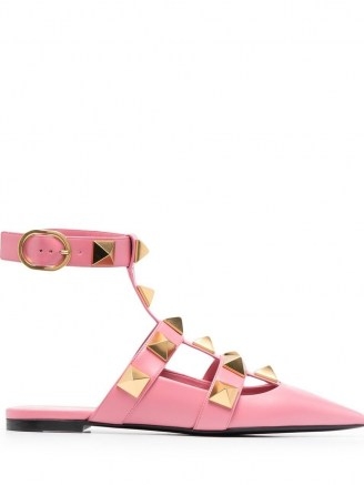 Valentino Garavani Roman Stud ballerina shoes in flamingo pink | studded ankle strap flats - flipped