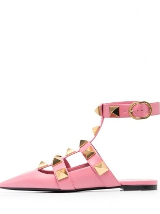 Valentino Garavani Roman Stud ballerina shoes in flamingo pink | studded ankle strap flats