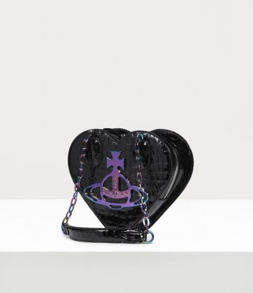 Vivienne Westwood ARCHIVE ORB HEART HANDBAG BLACK/IRIDESCENT – crocodile embossed bag – hearts - flipped