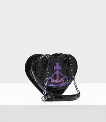 Vivienne Westwood ARCHIVE ORB HEART HANDBAG BLACK/IRIDESCENT – crocodile embossed bag – hearts