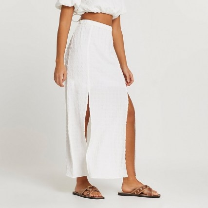 River Island White a line floral maxi skirt | long double slit summer skirts - flipped