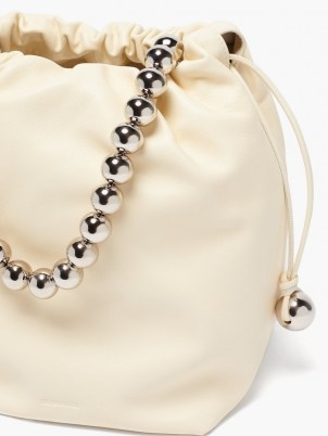 JIL SANDER Beaded drawstring cream-leather bucket bag ~ luxe bags - flipped