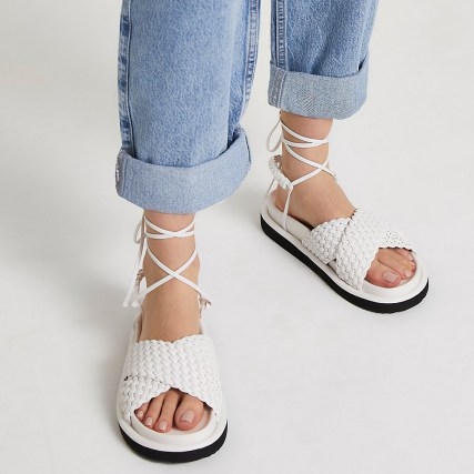 River Island White faux leather weave ankle tie sandals | summer footbed flats - flipped