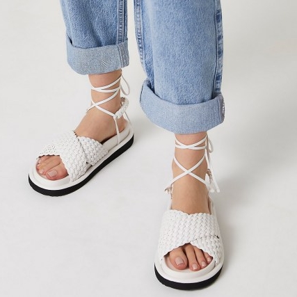 River Island White faux leather weave ankle tie sandals | summer footbed flats