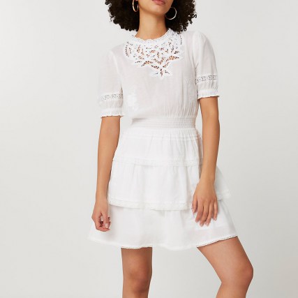 RIVER ISLAND White lace detail dress ~ tiered hem summer dresses - flipped
