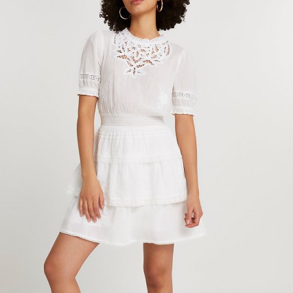 RIVER ISLAND White lace detail dress ~ tiered hem summer dresses